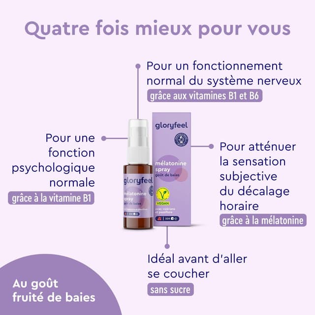 Detalle de Gloryfeel Spray Mélatonine Baies Premium (1 mg) avec B1 & B6, lavande, valériane et passiflore – sans alcool, sans sucre, vegan