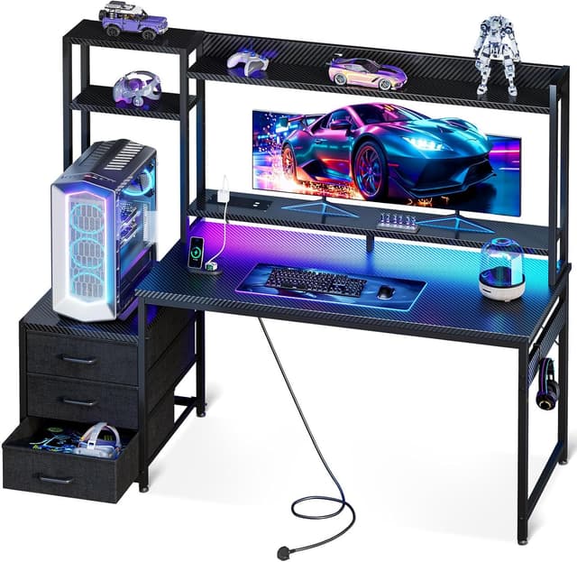 Detalle de Coleshome Gaming Desk with Drawers & Display Shelves (138×48 cm) with LED Lights & Sockets – Carbon Fibre Black