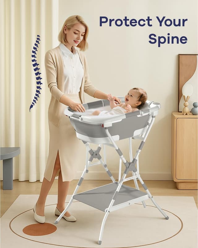 Detalle 2 de 3 in 1 Foldable Baby Bath with Stand (Grey) – Folding Tub, Stand & Clothes Hanging Rack