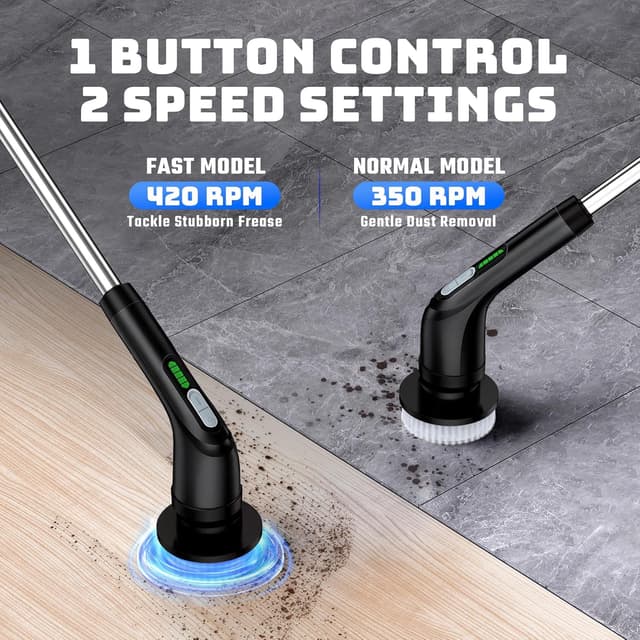 Detalle de Shower Scrubber with Long Handle: Cordless Electric Spin Scrubber with 7 Brush Heads (USB-C, IPX7)