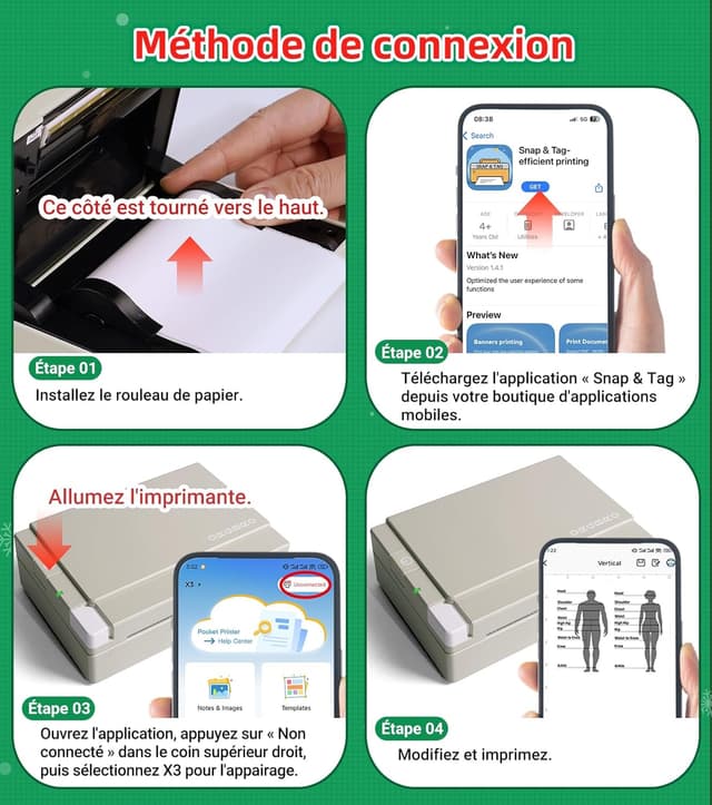 Detalle de ORGBRO Mini Imprimante X3 thermique Bluetooth portable (papier thermique inclus) vert olive