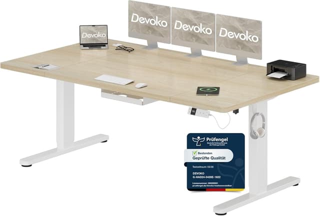 Detalle de Devoko elektrisch höhenverstellbarer Schreibtisch 180x80 cm mit Typ-C Ladeanschluss (Eiche)