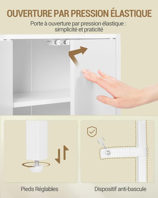 Detalle 2 de Hzuaneri meuble de salle de bain blanc avec 2 portes, étagère ouverte et plateau métallique aéré (20 x 38 x 90 cm) BC42903WV1