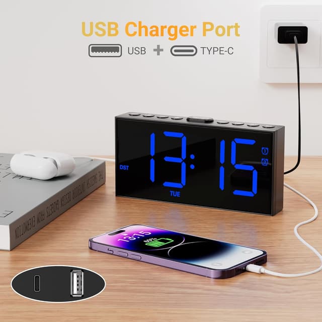 Thumbnail 3 de Mesqool Reloj Despertador Digital Azul con Carga USB y Funciones