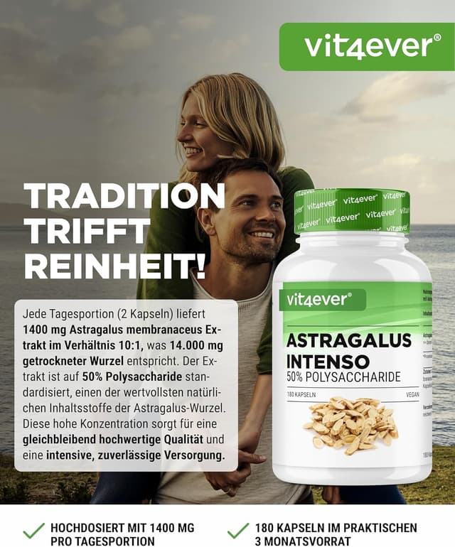 Detalle de vit4ever Astragalus 1400 mg reinem Extrakt pro Tag – 180 Kapseln (vegan)