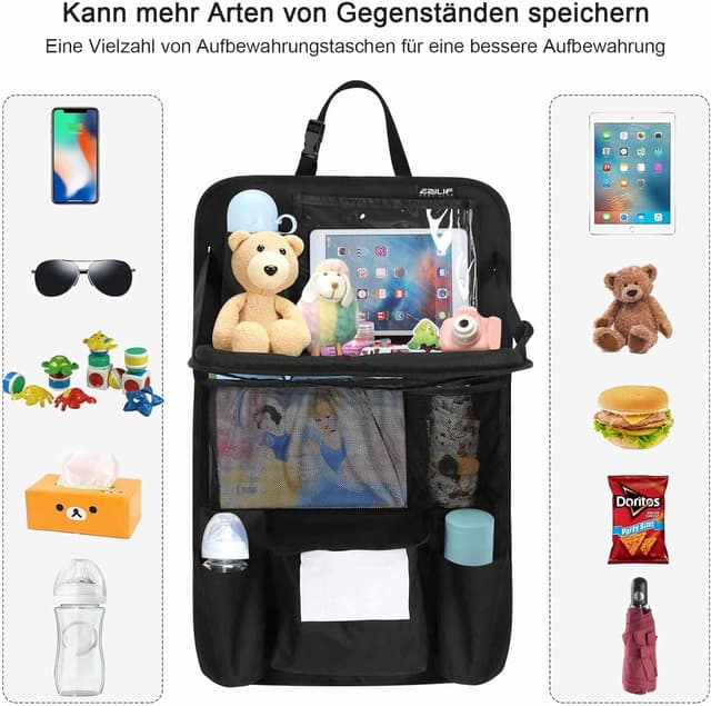 Detalle 2 de Ezilif Autositz Rückenlehnenschutz mit Organizer, klappbarem Tisch & iPad-Tasche (Kinder)