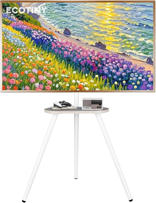 Detalle de ECOTINY TV Easel Tripod Stand (White) for 43–65 inch TVs – height-adjustable, swivel ±45° with wooden tray