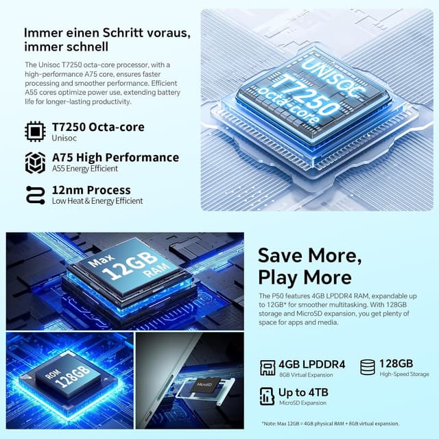 Detalle de TECLAST P50 Tablet Android 11" 90Hz con tastiera e pennino, Dual SIM 4G/5G WiFi, 12GB RAM e 128GB ROM