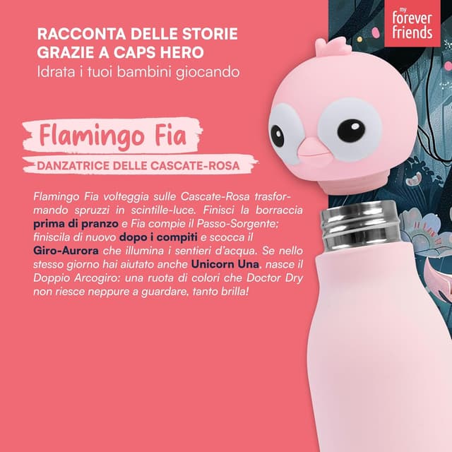 Detalle 2 de CapsHero Borraccia Termica per Bambini Flamingo Fia, Acciaio Inox Senza BPA, 520 ml
