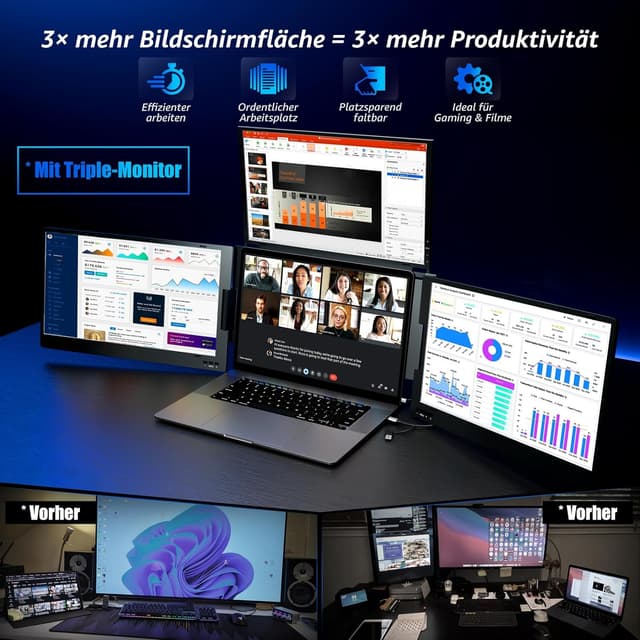 Detalle de ROADOM 15,6 Zoll tragbarer Triple-Monitor (Faltbar, Metallgehäuse, 360° drehbar) mit Type-C & USB – 1080P FHD IPS