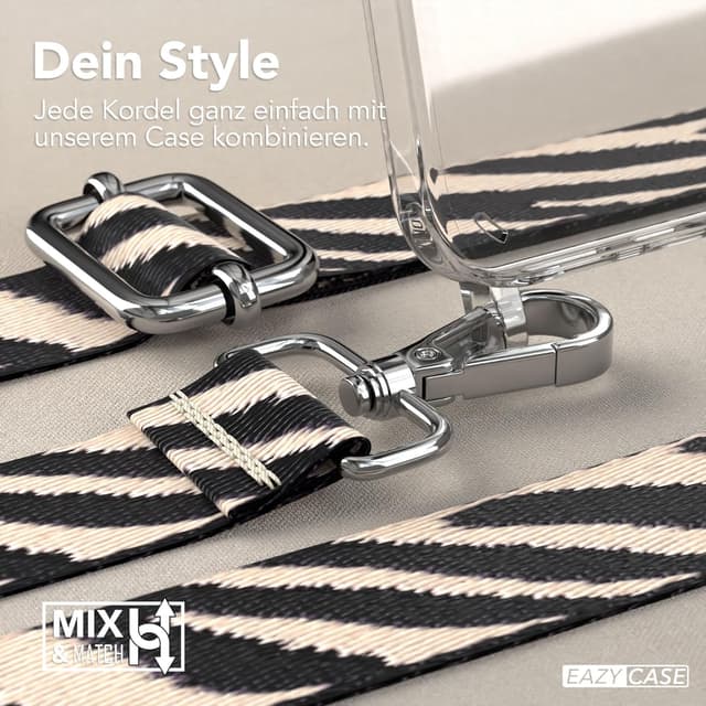 Detalle de EAZY CASE Handykette verstellbares Taschenband (90–145 cm) mit Silikonhülle – Zebra Schwarz/Beige/Silber
