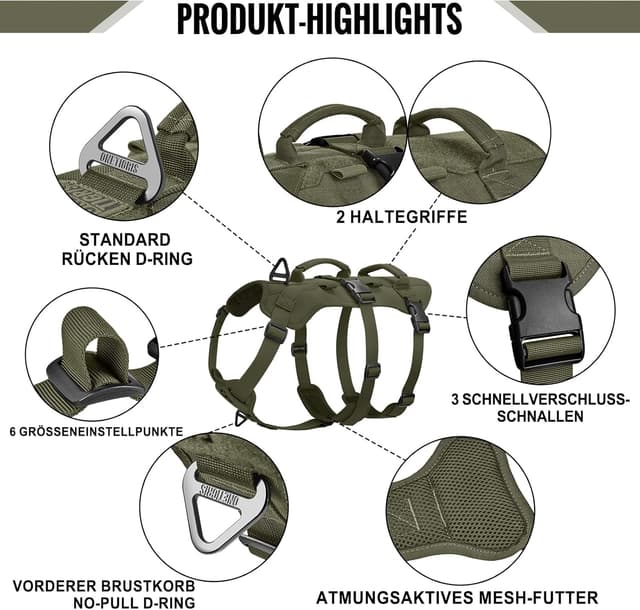 Detalle 2 de OneTigris Hundegeschirr T-Bone mit 2 Griffen – taktisches Brustgeschirr in Grün (L)