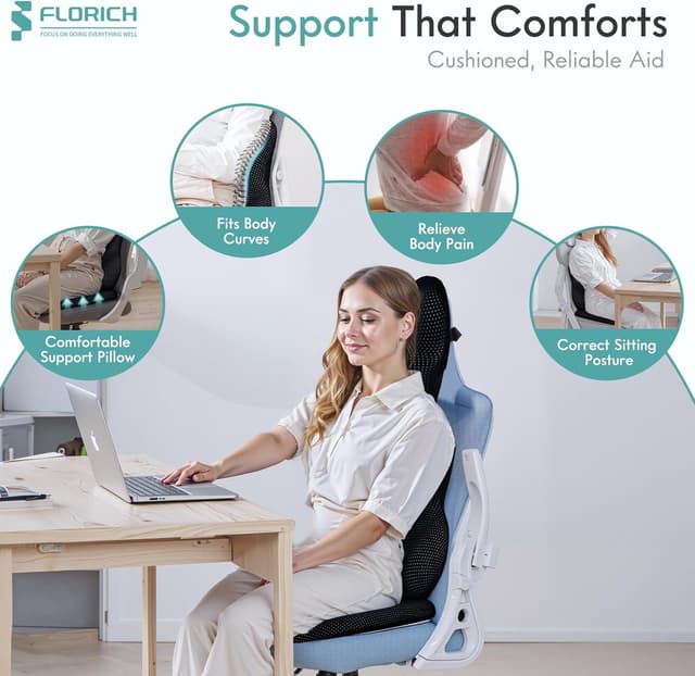 Detalle 2 de FLORICH Car Seat Cushion and Lumbar Support Pillow Set (Memory Foam) for Office Chair, Car, and Wheelchair – Black