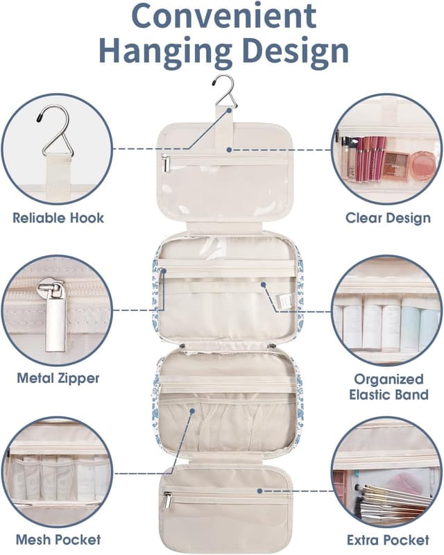 Thumbnail 6 de Narwey Large Hanging Travel Toiletry Bag for Women (Little Blue Flower) – Organiser wash bag with hook