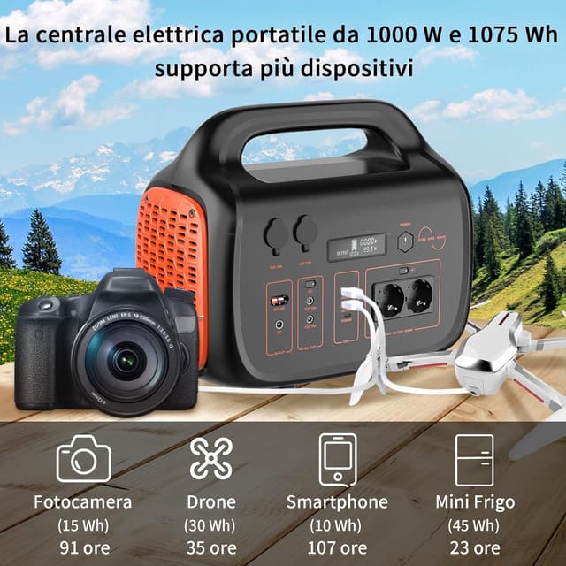 Detalle de WADA POWER Centrale Elettrica Portatile 1075Wh da 1000W con uscite PD/AC/DC/USB e batteria di backup