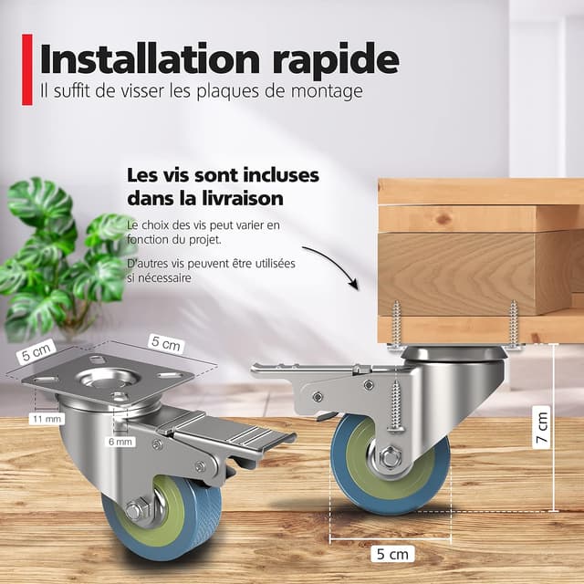 Detalle de RAVN HAMAN – Jeu de 4 roulettes pivotantes avec frein, charge lourde jusqu’à 50 kg par roue (50 mm)