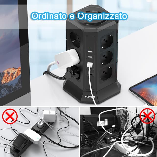Detalle 2 de TOPREK Ciabatta Multipresa Verticale con 12 prese ITA 10/16A, Schuko e 5 porte USB (2 USB-C 20W PD + 3 USB-A) con cavo 2 m
