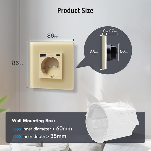 Thumbnail 6 de BSEED Glas-Steckdose mit 20W USB-C Schnellladegerät (20W), 3-in-1 Unterputz – 86 mm, 1-fach, Gold