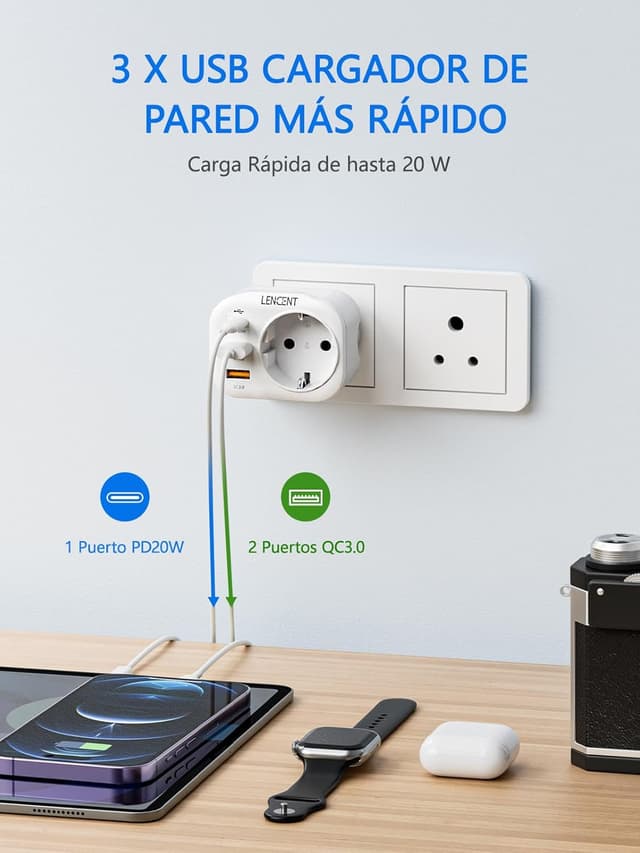 Thumbnail 3 de LENCENT Adaptador Enchufe India 3‑pin QC3.0 PD20W