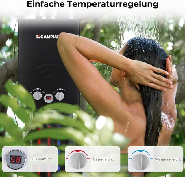 Detalle de CAMPLUX BW158BC Gasdurchlauferhitzer mit Regenhaube für Campingdusche & netzunabhängige Nutzung (6 Liter)