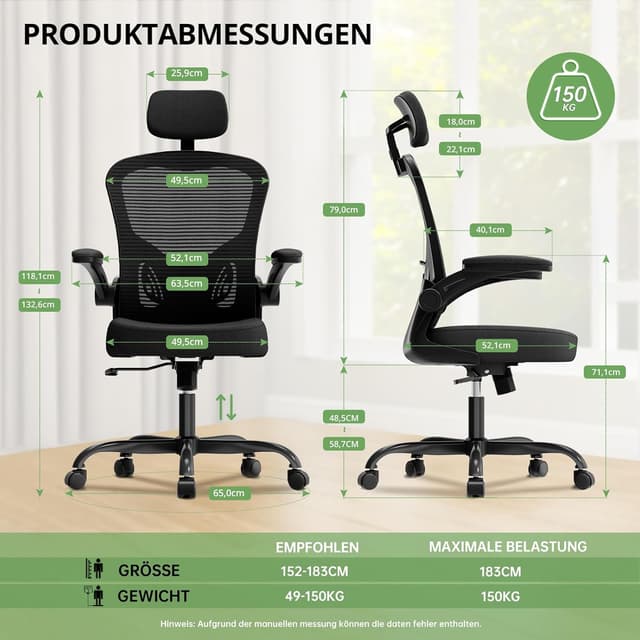 Detalle 2 de Synorla ergonomischer Bürostuhl mit Lordosenstütze, 150-kg-Tragkraft und 360°-Drehfunktion (Schwarz)