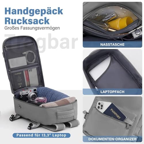 Detalle de COOLIFE set de maleta de cabina rígida y mochila de negocios (55 x 40 x 20 cm) con cerradura TSA y 4 ruedas gemelas