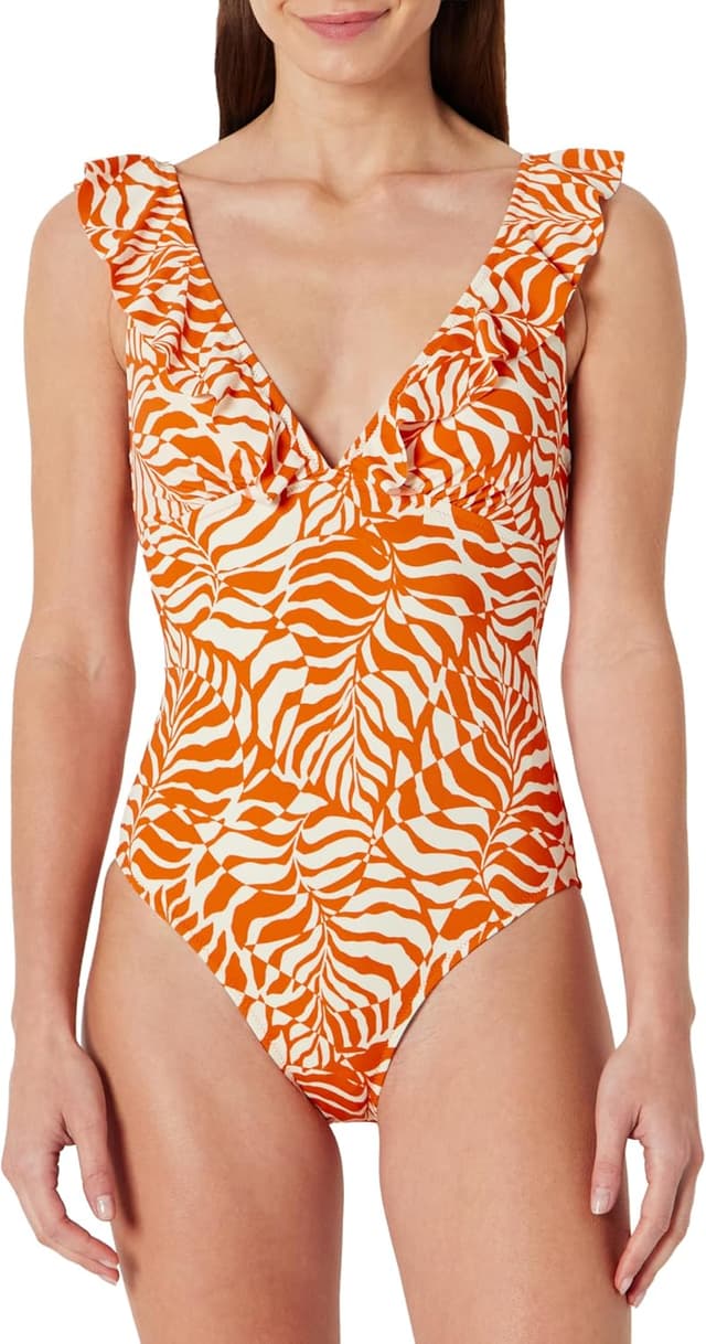 Detalle de Amazon Essentials women’s ruffle V-neck one-piece swimsuit with built-in shelf and removable cups