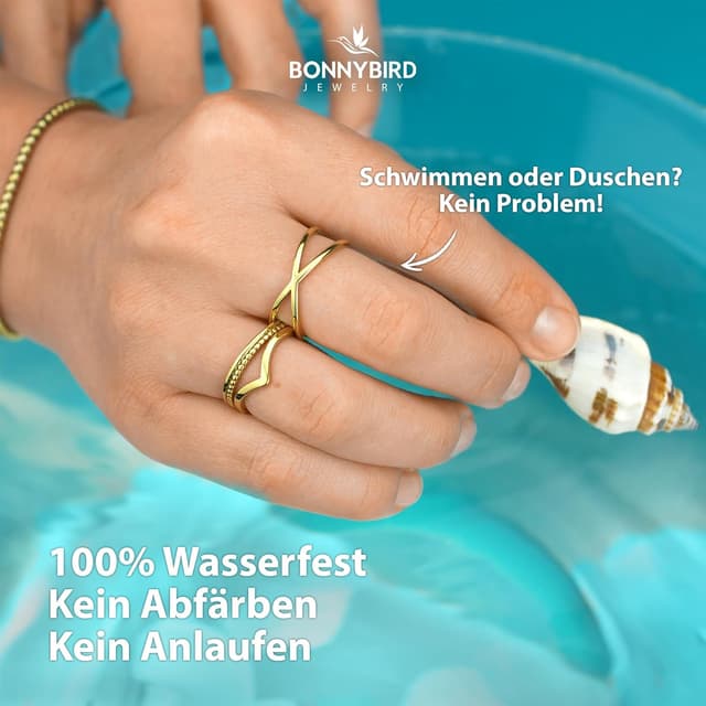 Detalle de BONNYBIRD Wasserfeste Edelstahl-Ringe Set für Damen (3er-Set) in Silber, Gold & Roségold – kein Anlaufen