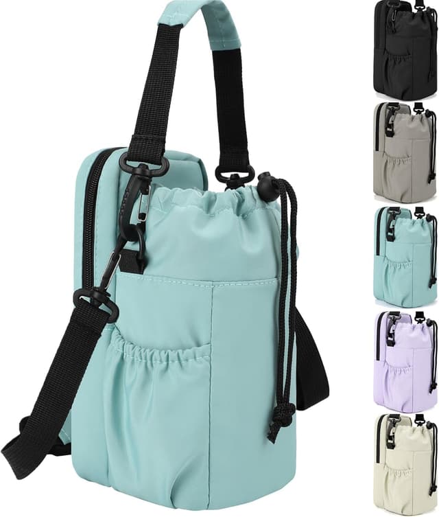 Detalle de RZMAYIS 32/40oz insulated water bottle carrier bag with phone pocket (Green) — crossbody sling for hiking & walking