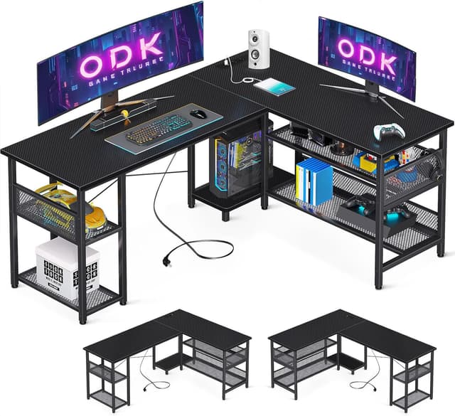 Detalle de ODK Gaming Tisch (Eckschreibtisch) 150×102 cm – reversibel mit 2 Steckdosen & 2 USB-Ladeanschlüssen