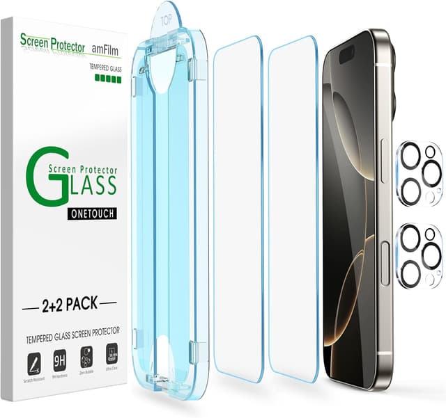 Detalle de amFilm OneTouch 2+2 Pack tempered glass & camera lens protector for iPhone 16 Pro 6.3
