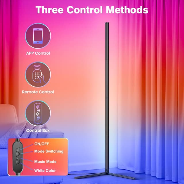 Detalle de Riyo corner floor lamp — smart LED RGB with app & remote, music sync and adjustable height