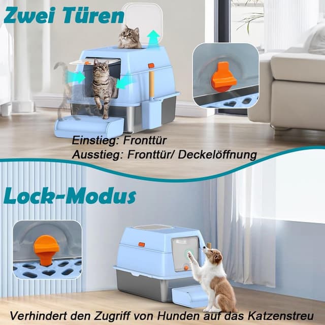 Detalle 2 de SZEETECH Katzenklo Edelstahl XL (60 x 40 x 39,5 cm) mit Deckel, zwei Ausgänge und Set aus Schaufel + Matte + Trittstufe (blau)