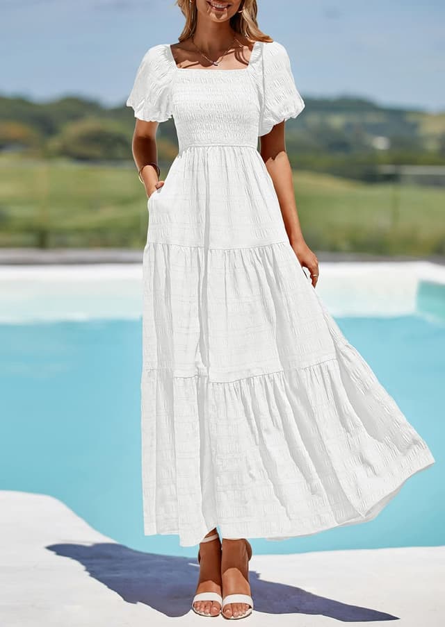 Detalle 2 de PRETTYGARDEN Women’s Summer Puff Short Sleeve Maxi Dress (Square Neck, Smocked Tiered Ruffle)