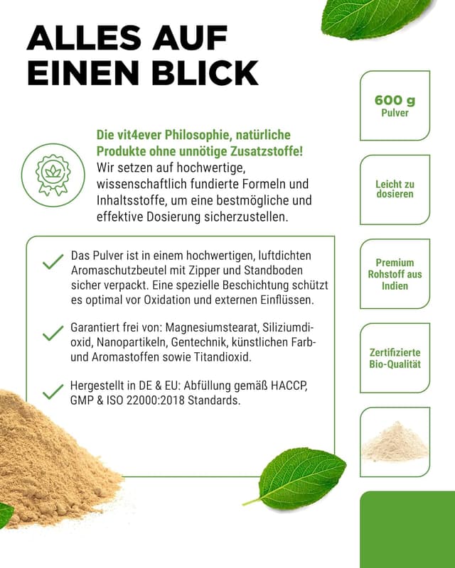 Detalle 2 de vit4ever Bio Ashwagandha Wurzel Pulver (Withania somnifera), 600 g – vegan