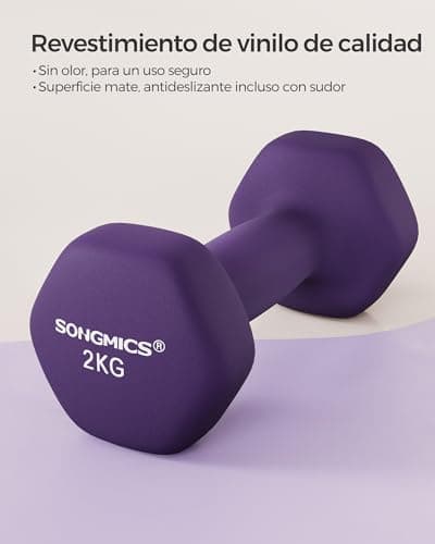 Detalle de SONGMICS juego de 2 mancuernas hexagonales de vinilo (2 x 2 kg) en violeta ceniza SYL64PL
