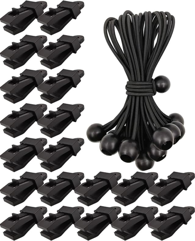 Detalle de 20pc Heavy-Duty Tarpaulin Clips & 6 Inch Bungee Balls Set (Black)