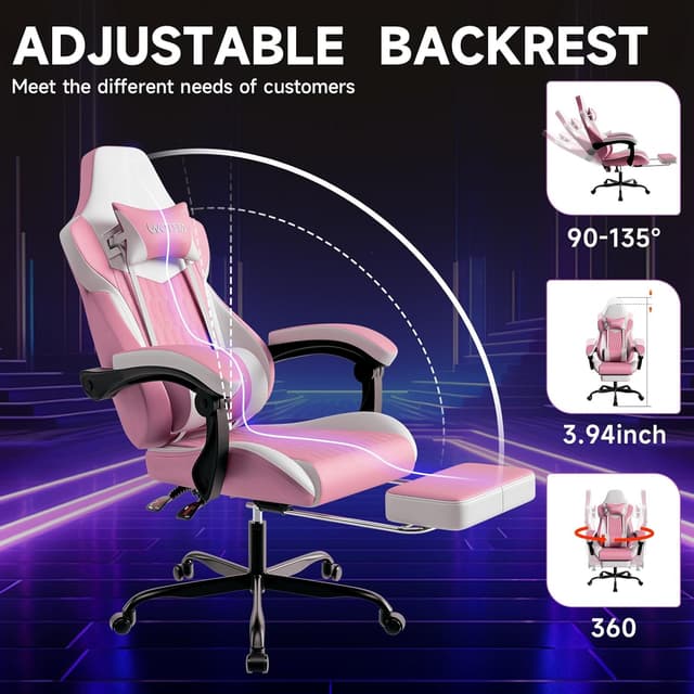 Detalle de WOTSTA Gaming Chair with Footrest, Lumbar Support and 135° Recline (Pink White)