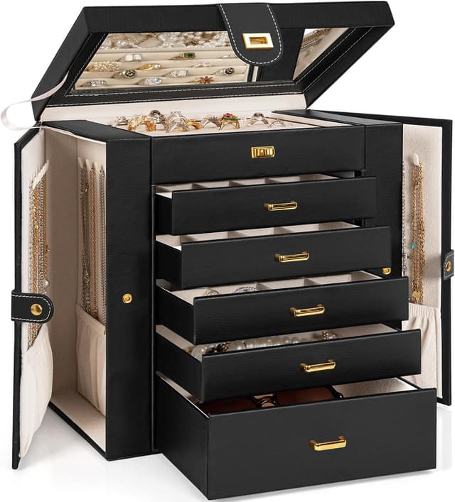 Detalle de AKOZLIN Huge Jewelry Box Organizer (Black) with Mirror, 6 Removable Drawers