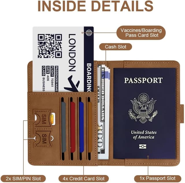 Detalle de OFFCUP Passport Holder Cover & Luggage Tag Set with RFID Blocking (PU Leather) – Brown