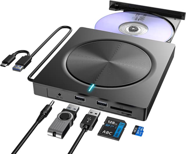 Detalle de Externes CD/DVD-Laufwerk USB 3.0 (Typ-C) mit SD/TF-Kartenleser und 2× USB-A – portable RW für Laptop & Desktop