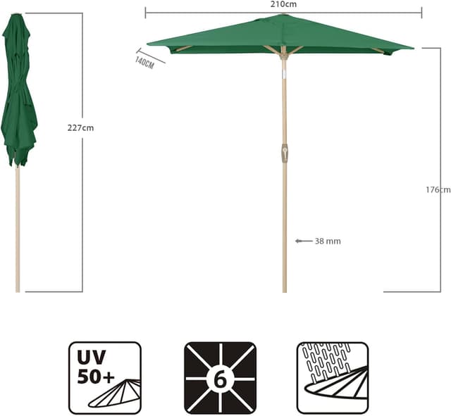 Thumbnail 6 de Sekey® Rechteck-Sonnenschirm 210 × 140 cm mit Aluminiumgestell, UV-Schutz 50+