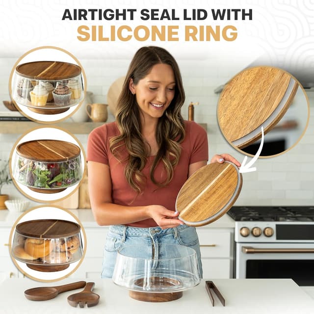 Detalle de Oria Cook Large Glass Salad Bowl with Lid Set (5.7 L) + Wood Utensils