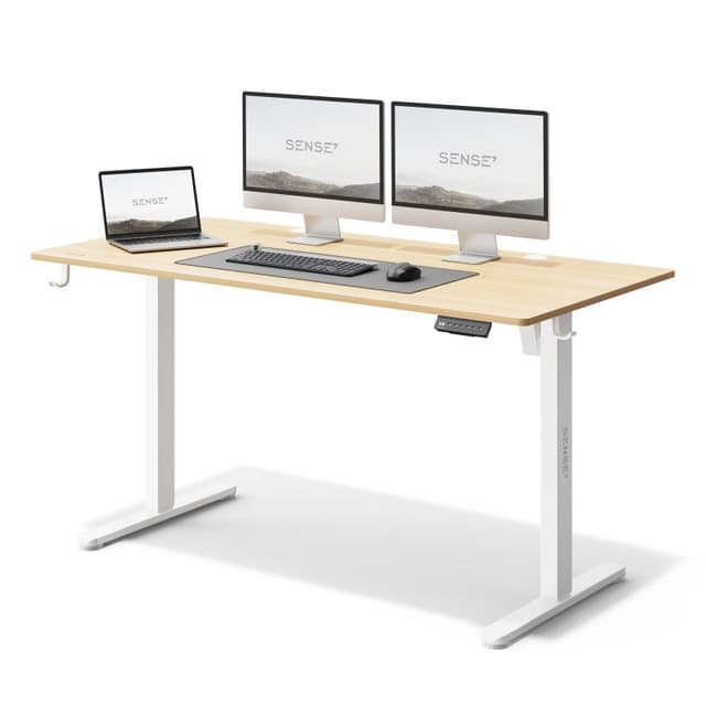 Detalle de sense7 NOJO escritorio eléctrico regulable de altura 140x70 blanco/pino (motor, memoria y gestión de cables)