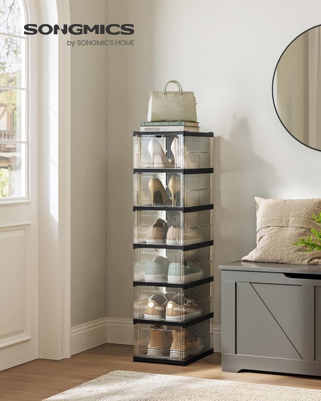Detalle de SONGMICS LSP205B01: set di 6 scatole porta scarpe impilabili, pieghevoli e componibili fino alla taglia 46
