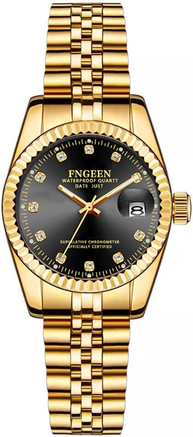 Detalle de Avaner Herren Uhr Golden Armbanduhr mit Strasssteinen, leuchtenden Zeigern und Edelstahlarmband (analog, Quarz)