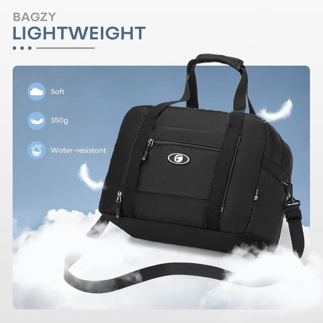 Detalle 2 de BAGZY borsone da viaggio pieghevole 25L 40x30x20 bagaglio a mano Wizzair/Vueling (impermeabile, nero/grigio)