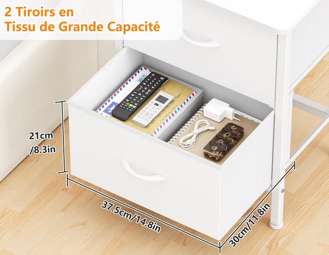 Detalle de HOMIDEC Table de chevet lot de 2 (55 cm) avec cadre en métal et 2 tiroirs en tissu, blanc