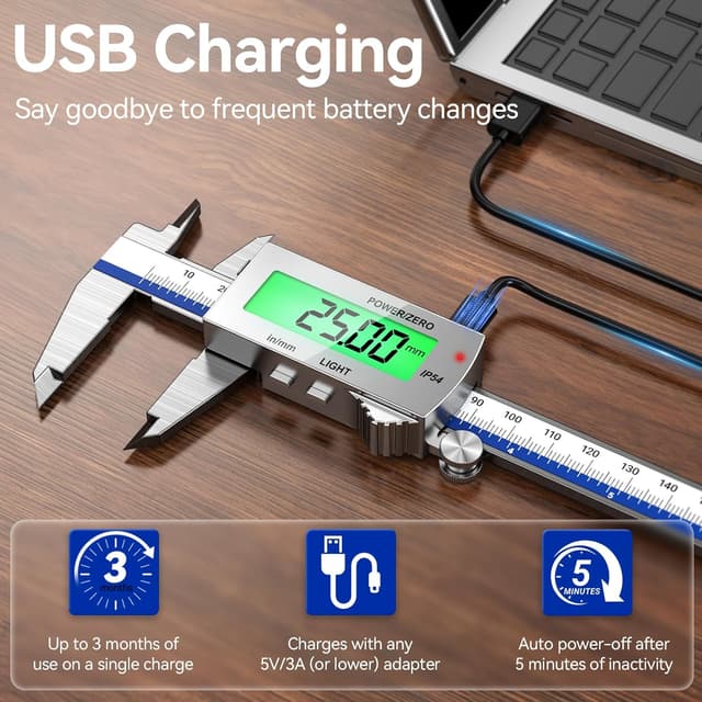 Detalle de Pied à coulisse numérique Preciva 150 mm avec rétroéclairage et écran LCD (Rechargeable, IP54) – conversion mm/pouce