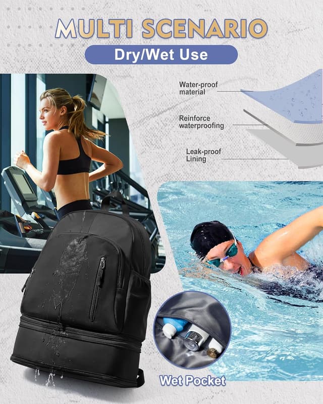 Detalle 2 de VENATIN Gym Rucksack für Damen mit Schuhfach, Nass-/Trockenfach und Laptopfach bis 15,6 Zoll (Schwarz)